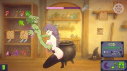 1boy animated black_choker black_gloves black_thighhighs blush breasts cg choker claws closed_eyes collar colored_skin elbow_gloves fellatio female flask gloves goblin green_skin indoors jar kneeling large_breasts long_hair magic magic_circle male nude official_art oral penis plant pointy_ears potion purple_hair rape sound spikes squatting straight tagme teeth thighhighs uncensored video witch_(witch_seed_gsa) witch_seed_(goblin_slave_alchemy)