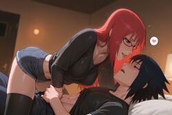 1boi 1girl abs after_kiss ai_generated bed bedroom biceps black_eyes black_hair black_legwear black_shirt booty_shorts breasts_pressed_against_partner bruise bulge bulge_press bulge_through_clothing closed_eyes clothes_lift couple cowgirl_position dominant_female dry_humping evil_grin evil_smile exposed_midriff exposed_torso female femdom french_kiss glasses grinding groping hand_on_hip hands_on_shoulders hi_res hickey horny horny_female hotel_room imminent_sex jean_shorts jeans karin_uzumaki kissing lips male male_on_bottom micro_shorts midriff muscles muscular muscular_male narrow_waist narrowed_eyes naruto naruto_(series) naruto_shippuden nipple_bulge nipple_outline nipples nipples_visible_through_clothing open_mouth parted_lips partially_clothed penis_bulge pleasure_face pleasured red_eyes red_hair saliva saliva_drip saliva_on_face saliva_string saliva_trail sasuke_uchiha satisfied seductive seductive_eyes seductive_look seductive_smile shirt_lift sleeping smile smiling smiling_at_partner spitting straddling submissive_male sweat sweatdrop sweating sweaty_body thighhighs tight_clothing tongue tongue_kiss tongue_out uchiha_sasuke uzumaki_karin wet_body wet_clothes wet_skin