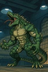 5_toes abs ai_generated anthro athletic athletic_anthro athletic_male biceps claws feet green_body hybrid insomniac_games lizard lizardman male marvel marvels_spiderman marvels_spiderman2 muscular muscular_anthro muscular_male neck_muscles nude open_mouth pecs reptile ripped_muscles scalie serratus sharp_teeth solo spikes stripes tail teeth the_lizard_(insomniac) the_lizard_(marvel) toes tongue tongue_out triceps