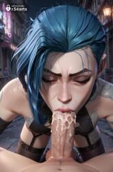 1boy 1boy1girl 1girls ai_generated all_fours arcane arm_tattoo artist_name bare_shoulders black_gloves blowjob blue_hair braid breasts closed_eyes cum cum_in_mouth elbow_gloves erection fellatio garter_straps gloves hi_res jinx_(league_of_legends) league_of_legends long_hair navel netflix oral outdoors patreon_username penis pov pov_crotch pubic_hair r34arts riot_games small_breasts solo_focus straight tattoo thighhighs uncensored veins veiny_penis