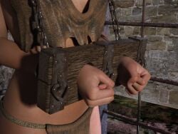 brown_hair cage cgi female rags stocks stocks_neck stocks_wrists