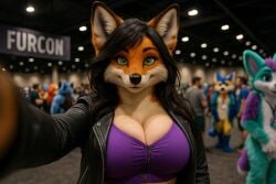 1girls ai_generated anthro big_breasts black_hair black_nose black_tipped_ears blouse breasts busty cleavage crowd deviantart ears female fox fox_girl furcon furry furry_convention genderswap genderswap_(mtf) green_eyes indoors inside leather_jacket long_hair looking_at_viewer orange_body orange_fur purple_topwear realistic rule_63 sekaithefox selfie smile trees worldfan2020 zipper