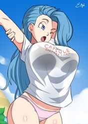 1girls blue_hair bra bra_through_clothes bra_visible_through_clothes breasts bulma_briefs bulma_briefs_(post_saiyan_saga) capsule_corporation_logo dragon_ball dragon_ball_z etzel huge_breasts no_pants panties picot_trim picot_trim_panties pink_panties see-through shirt shounen_jump solo solo_female stretching waking_up wink