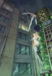 1girls ass black_hair broken_window building city female ghost_in_the_shell jumping kusanagi_motoko parkour scene_reference solo thighhighs window