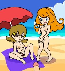 2girls 5-volt accurate_art_style beach confident covering_self edit female light-skinned_female lisnotsfw mona_(warioware) nintendo nude on_floor on_model penis spreading warioware worried
