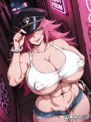 abs ai_generated alley areolae_slip big_breasts blue_eyes bonfen291 city covered_nipples crop_top denim_shorts female female female_pubic_hair final_fight graffiti_on_wall hand_on_hip hand_on_own_hat handcuffs hat hat_over_one_eye huge_nipples licking_own_lips long_hair looking_at_viewer midriff navel_piercing neon_lights night open_shorts pink_hair poison_(final_fight) pubic_hair_peek self_upload short_shorts solo standing street_fighter thick_thighs toned_female underboob white_crop_top