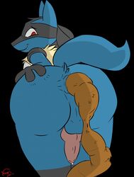 animal_genitalia animal_penis anthro anus ass blush bodily_fluids canine_penis cum erection feces feces_in_ass genital_fluids genitals hi_res looking_at_viewer looking_back lucario male nintendo penis pokemon pokemon_(species) presenting presenting_hindquarters scat solo video_games zadirtybish