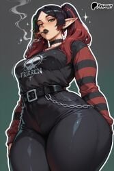 ai_generated bare_thighs black_hair cigarette elf elf_ears elf_female frieren goth_girl green_eyes huge_thighs jean_shorts light-skinned_female light_skin looking_down low-angle_view mature_female medium_breasts multicolored_hair sousou_no_frieren thick_body thick_female thick_thighs thighs thighs_bigger_than_head twintails voluptuous voluptuous_female yashugai