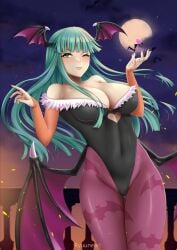 1girls alternate_version_available animal_print bat bat_print big_breasts black_leotard breasts clothing darkstalkers female female_only full_moon green_eyes green_hair head_wings large_breasts leotard long_hair looking_at_viewer moon morrigan_aensland one_eye_closed ryuuneart solo succubus succubus_costume succubus_wings wings wink
