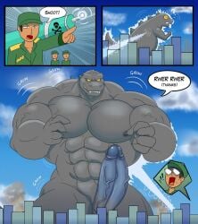 blue_penis cock erect_penis erection godzilla godzilla_(series) growth growth_ray kaiju military muscles muscular muscular_male tank tanks