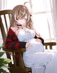 1girls ahoge ai_generated blush brown_hair cleavage closed_eyes female hands_on_own_stomach hololive hololive_english large_breasts nanashi_mumei pregnant red_sweater sitting smile virtual_youtuber white_dress