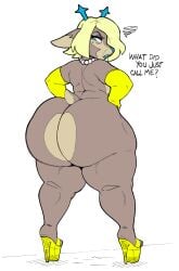 anthro antlers armwear ass big_butt blonde_hair blue_eyes blue_nose brown_body brown_fur carol_holiday clothing deltarune dialogue dongitos elbow_gloves female frown fur gloves hair handwear hi_res horn long_hair looking_back mature_anthro mature_female mole_under_eye nude nude_anthro nude_female simple_background solo standing thick_thighs undertale_(series) white_background
