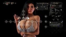 1girls 3d 3d_animation alternate_breast_size arm_under_breasts asymmetrical_hair barely_clothed big_breasts black_hair black_hair_female breasts breasts_bigger_than_head clair_obscur:_expedition_33 cleavage female female_only gameplay_mechanics hair_down huge_breasts large_breasts long_hair lune_(clair_obscur:_expedition_33) midriff short_playtime skill_tree skimpy skimpy_clothes solo solo_female tagme tattoo tattooed_arm tattoos upper_body vaako video