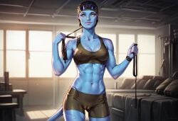 ai_generated avatar avatar:_the_way_of_water blue_skin cameltoe crop na'vi recom_walker recombinant shorts top yellow_eyes