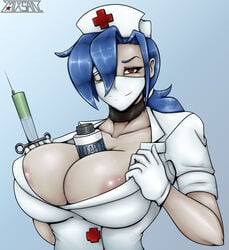 + 1girls eyepatch gloves large_breasts mask medical_mask nipple_slip nurse object_between_breasts red_eyes romman08 russian_text simple_background skullgirls solo solo_female syringe valentine_(skullgirls)