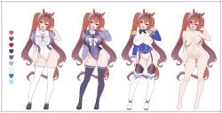 absurdres adapted_costume animal_ears black_thighhighs blue_bow blue_bowtie blue_jacket blush boots bow bowtie breasts brown_hair brown_shoes cameltoe center_frills circlet color_guide commentary_request completely_nude contrapposto covered_navel covered_nipples daiwa_scarlet_(umamusume) epaulettes female frills full_body garter_straps hair_intakes head_tilt highres horse_ears horse_girl horse_tail horseshoe_ornament jacket large_breasts leotard loafers long_hair long_sleeves looking_at_viewer multicolored_leotard multiple_views nipple_piercing nipples nose_blush nude open_mouth piercing puffy_short_sleeves puffy_sleeves purple_bow purple_bowtie purple_leotard purple_thighhighs pussy pussy_piercing school_uniform shoes short_sleeves simple_background smile summer_uniform tail thigh_boots thighhighs tracen_school_uniform twintails two-tone_leotard ugohato umamusume uncensored v-shaped_eyebrows variations very_long_hair white_background white_boots white_bow white_bowtie white_leotard white_thighhighs winter_uniform