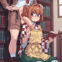 1futa 1girls ahoge ai_generated balls behind_another bell book bookshelf breasts brown_boots brown_eyes brown_hair brown_jacket brown_shorts checkered_kimono civitai female futa_on_female futanari glasses green_skirt hand_on_another's_head holding_book indoors intersex kosuzu_motoori large_penis looking_at_penis navel nervous ohhai223 open_fly penis penis_awe penis_on_shoulder penis_over_shoulder red_tie self_upload shameimaru_aya shameimaru_aya_(newsboy) short_hair sitting standing sweat sweatdrop testicles touhou twintails white_shirt wide_sleeves yellow_apron