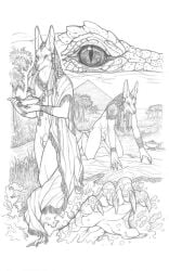ambush anthro anubian_jackal anubis attack balls bedding being_watched blanket canid canine canis crocodile crocodilian dark_natasha deity duo egyptian_mythology genitals hi_res jackal jewelry kneeling looking_at_another magic_lamp male mammal middle_eastern_mythology mythology nude outdoor_nudity palm_tree penis plant public public_nudity pyramid reeds reptile river scalie sobek spying tree