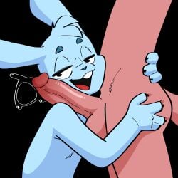 1:1 2d_animation animated anthro balls blue_body bodily_fluids canid canine duo erection genital_fluids genitals glans lagomorph male male/male male_only mammal nude nude_male nuzzling penis precum red_body scratchdex smile twitching