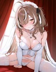 1girls ai_generated belly belly_button blush bridal_gauntlets bride brown_hair hololive hololive_english large_breasts long_hair nanashi_mumei navel on_bed virtual_youtuber wedding_veil white_bra white_sleeves yellow_eyes