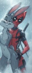 ai_generated bugs_bunny bunny bunny_ears bunny_tail cum deadpool furry gay grey_fur marvel shower shower_sex showering tail
