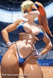 ai_generated anthro ass athletic athletic_anthro athletic_female ball barefoot basketball basketball_(ball) basketball_court belliora blonde_hair bodily_fluids bottomwear bra braless buckteeth eyshadow feet female fingers fur hair hi_res holding_ball holding_object lagomorph leporid lola_bunny looking_at_viewer looking_back looney_tunes makeup mammal no_bra rabbit smile solo standing sweat sweatdrop tail teeth toes topless topless_female uniform