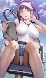 absurdres bare_arms bare_shoulders black_hair blue_skirt blush breasts collarbone commentary_request feet_out_of_frame female gentsuki highres holding large_breasts long_hair looking_at_viewer open_mouth original outdoors panties ponytail shirt sitting skirt sky sleeveless solo spread_legs textless_version thighs underwear visor_cap white_panties white_shirt