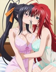 2girls after_kiss ai_generated akeno_himejima bedroom big_breasts breast_on_breasts curvy_females females_only girlfriends high_school_dxd indoors lesbian_couple lesbian_kiss rias_gremory rias_x_akeno saliva saliva_string voluptuous_female wife_and_wife yuri yuri yuri