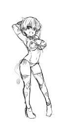 1girls armpits arms_behind_head artist_request big_breasts bikini breasts busty cleavage cow_horns cow_print cow_print_bikini cow_tail female female_only front-tie_bikini_top front-tie_top highres horns large_breasts looking_at_viewer monochrome navel oerba_yun_fang open_mouth pose posing print_bikini short_hair side-tie_bikini_bottom sketch smile solo source_request swimsuit tail teeth tongue uzaki-chan_wa_asobitai! uzaki_hana