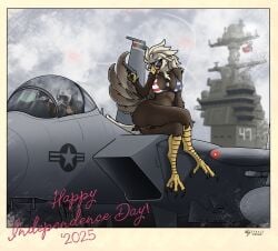 4th_of_july absurd_res accipitrid accipitriform aircraft aircraft_carrier anthro anus avian beak bedroom_eyes bikini bird clothing dog_tags eagle eyewear f-15_eagle feet felid feline female genitals gun hi_res holidays licking licking_lips mammal narrowed_eyes outside photo pussy ranged_weapon scales seductive ship solo sunglasses swimwear talons toes tongue tongue_out two-piece_swimsuit tybalt_draws united_states_of_america vehicle vulva warship watercraft weapon wings