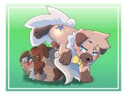 absurd_res animal_genitalia blush bow_tie bow_tie_only fan_character feral feral_on_feral feral_penetrated feral_penetrating generation_7_pokemon genitals heart_eyes heart_symbol hi_res knot knotted_penis knotting male male/male male_penetrating mateocorv mostly_nude nintendo penetration penis pokemon pokemon_(species) reverse_piledriver_position rockruff sex tongue tongue_out
