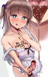 1futa absurdres akiamare apron ball_bra balls bangs blush body_writing breasts brown_hair censored chocolate chocolate_on_body chocolate_on_penis cleavage closed_mouth clothed clothing collarbone erection eyebrows_visible_through_hair food_on_body futa_only futanari heart heart-shaped_pupils highres human large_breasts licking_lips long_hair looking_at_viewer mosaic_censoring open_mouth original pale_skin partially_clothed penis penis_grab saliva simple_background solo symbol-shaped_pupils text tongue tongue_out valentine white_background