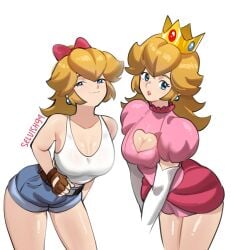 1girls alternate_costume artist_name belt blonde_hair bow breasts cleavage cleavage_cutout crown denim denim_shorts earrings elbow_gloves female hair hairbow long_gloves looking_at_viewer mario_(series) mario_kart mario_kart_world nintendo official_alternate_costume open_mouth pink_bow pink_hair_bow pink_hairbow princess_peach princess_peach_(touring) selvish94 shiny_skin short_hair smug smug_expression smug_face tank_top thighs white_elbow_gloves white_gloves white_long_gloves white_tank_top