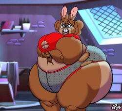 absurd_res anthro ass bedroom big_breasts big_butt breasts buckteeth clothing distressed eyewear female glasses hi_res lagomorph leporid mammal obese overweight overweight_female panties rabbit scared solo tearing_clothing teeth thick_thighs torn_clothing underwear unicorngore