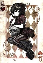 black_boots black_eyes black_hair boots card card_(medium) closed_mouth crown dress female gd783hhh hand_on_own_face highres looking_at_viewer playing_card_theme short_hair sitting skull solo solo_focus striped_clothes striped_thighhighs thighhighs