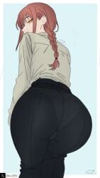 ass ass ass_focus butt_focus chainsaw_man clothed makima_(chainsaw_man) panties_visible_through_clothing red_hair seductive_look signature tim_heyderich yellow_eyes