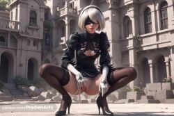 1girls 2b_(nier:automata) ai_generated artist_name black_blindfold black_dress black_footwear black_hairband black_thighhighs blindfold breasts cleavage cleavage_cutout clothing_aside clothing_cutout covered_eyes dress facing_viewer feather-trimmed_sleeves female full_body gloves hairband hi_res high_heels juliet_sleeves leotard lips long_sleeves medium_breasts mole mole_under_mouth nier:_automata nier_(series) nier_replicant outdoors panties progenarts puffy_sleeves pussy short_hair solo spread_legs squatting thighhighs uncensored underwear white_gloves white_hair white_panties yorha_2b