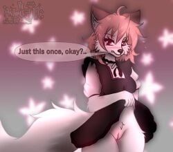 anthro astralia_(art) blush bottomwear breasts canid canine clothed clothing clothing_lift dialogue embarrassed female fox fur genitals hair hi_res innie_vulva maid_uniform mammal pink_hair presenting_vulva simple_background skirt skirt_lift solo speech_bubble tail uniform vulva watermark white_body white_fur