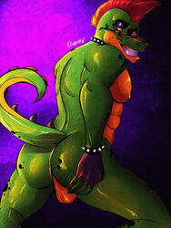 1boy 2021 abs abstract_background alligator alligatorid anthro areola ass balls barazoku bedroom_eyes biceps bracelet claws clothing collar crocodilian eyewear five_nights_at_freddy's five_nights_at_freddy's:_security_breach genitals glasses gloves green_body green_butt green_nose green_scales green_skin green_tail hair half-closed_eyes hand_on_butt handwear hi_res jewelry looking_back looking_down male male_only manly mohawk montgomery_gator montgomery_gator_(fnaf) multicolored_body multicolored_skin multicolored_tail muscular narrowed_eyes nipples nude pecs presenting presenting_balls presenting_hindquarters purple_background raised_tail red_eyes red_hair reptile rockstar scales scalie seductive sharp_claws sharp_teeth short_hair simple_background sitting smile snarfu solo spiked_bracelet spiked_collar spiked_tail spikes spikes_(anatomy) spread_legs spreading standing star star_glasses teeth thick_thighs triceps video_games yellow_areola yellow_balls yellow_body yellow_nipples yellow_skin yellow_tail