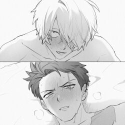 adopted_son adoptive_father age_difference aged_up blush breath facial_scar gay gegege_no_kitarou getakichi hair_over_one_eye kitarou kitarou_tanjou_gegege_no_nazo looking_at_viewer male male_only male_pov mizuki_(gegege_no_kitarou) monochrome offscreen_sex on_back on_bed pov scar scar_across_eye sweat takesuke yaoi younger_dom_older_sub younger_penetrating_older