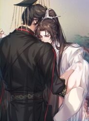 2boys absurdres anal beads biting_shoulder black_hair black_hanfu black_hat black_sash brown_hair cape chinese_clothes chu_wanning clenched_hand closed_eyes clothed_sex cum cum_on_body cum_on_legs earrings erha_he_ta_de_bai_mao_shizun gay gay_male guan_hat hand_on_another's_leg hanfu hat high_ponytail highres jewelry long_hair long_sleeves male male_focus male_penetrated mian_guan mo_ran multiple_boys no_pants ponytail sash see-through_cape see-through_clothes sex shoes stud_earrings taxian-jun tears upright_straddle white_hanfu white_shoes xiao_guan_(headdress) yaoi zehel_az
