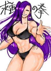bikini black_bikini breasts cleavage cowboy_shot female grin hair_over_one_eye jewelry large_breasts lipstick long_hair navel purple_hair side-tie_bikini sketch smile solo swimsuit toned very_long_hair white_background wide_hips