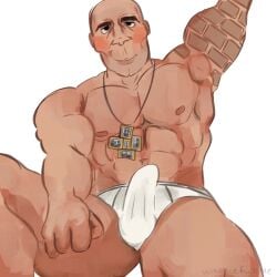 bald date_everything erection erection_under_clothing male male_only muscular tattooed_arm wallace_(date_everything)