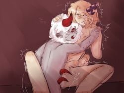 anal anal_sex artist_request crying crying_while_penetrated english_text gay gay_anal gay_sex holding_hands horns male nonbinary nonbinary_(lore) one_eye_closed party_hat penetration penis pest_(regretevator) poob_(regretevator) regretevator roblox_game sex simple_background tagme text tremble_lines tremble_spikes white_body white_hair yellow_body yellow_hair