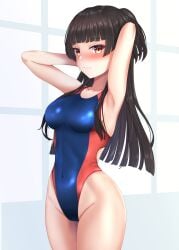 armpits arms_behind_head arms_up bare_arms bare_legs bare_shoulders bare_thighs belly_button_visible_through_clothing black_hair blush breasts brown_eyes closed_mouth collarbone groin hibika highleg_swimsuit idolmaster idolmaster_shiny_colors long_hair mayuzumi_fuyuko medium_breasts one-piece_swimsuit swimsuit thighs