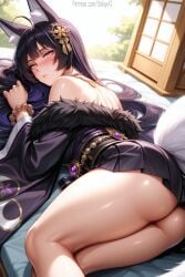 1girls ai_generated ass ass_focus azur_lane bare_shoulders big_breasts blush curvy curvy_female face_markings female female female_only fox_ears fox_girl fox_tail fur_trim looking_at_viewer looking_back_at_viewer lying lying_on_bed mostly_clothed musashi_(azur_lane) no_panties patreon pleated_skirt salupai skirt slit_pupils solo solo_female tail thick_thighs thighs uncensored watermark yellow_eyes