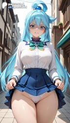1girls 2026 ai_assisted ai_generated anime aqua_(konosuba) boobs book bookshelf breasts bust clothes_lift hi_res high_quality high_resolution highres kono_subarashii_sekai_ni_shukufuku_wo! konosuba konosuba:_god's_blessing_on_this_wonderful_world! lifted_by_self long_hair panties patreon patreon_username side-tie_panties skirt skirt_lift skypassion stable_diffusion tiles tits underwear watermark white_panties