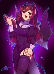 benzbt book brown_hair clothed clothed_female demon_girl demon_horns demon_tail female friday_night_funkin friday_night_prayin girlfriend_(friday_night_funkin) happy looking_at_viewer nun nun_(succubus)_girlfriend_(friday_night_funkin) red_eyes succubus thigh_rub