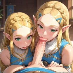 2girls ai ai_generated animated blonde_female blonde_hair blowjob breasts double_blowjob elf elf_ears elf_female elf_girl fellatio female female/male futanari green_eyes intersex library licking_penis looking_at_viewer male male/female naked princess_zelda sucking sucking_penis tagme video zelda_(breath_of_the_wild)