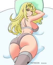back_view big_ass big_breasts big_butt big_thighs big_titties clothing curvaceous curvaceous_female curvaceous_figure curvy curvy_figure curvy_hips female female_focus female_only long_hair looking_at_viewer momocka_art mythra mythra_(xenoblade) thigh_highs underwear xenoblade_(series) yellow_hair